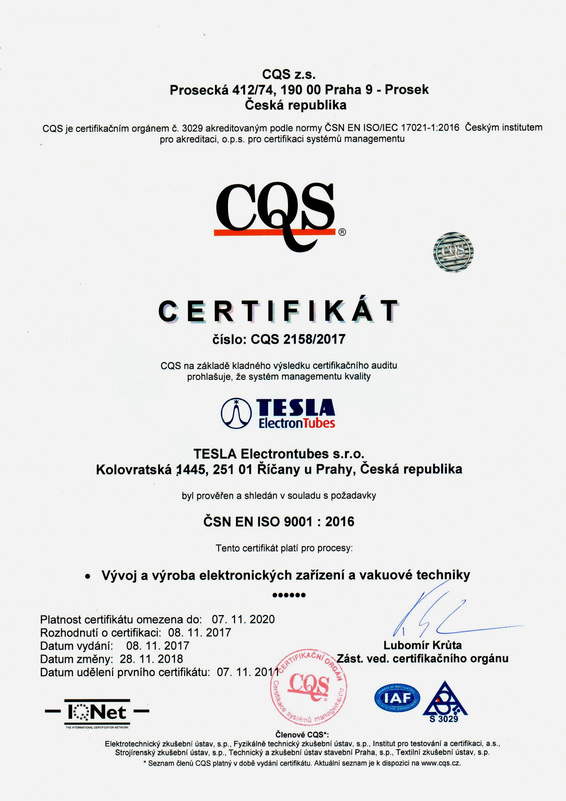 Certifikát ČSN EN ISO 9001 : 2016 CQS