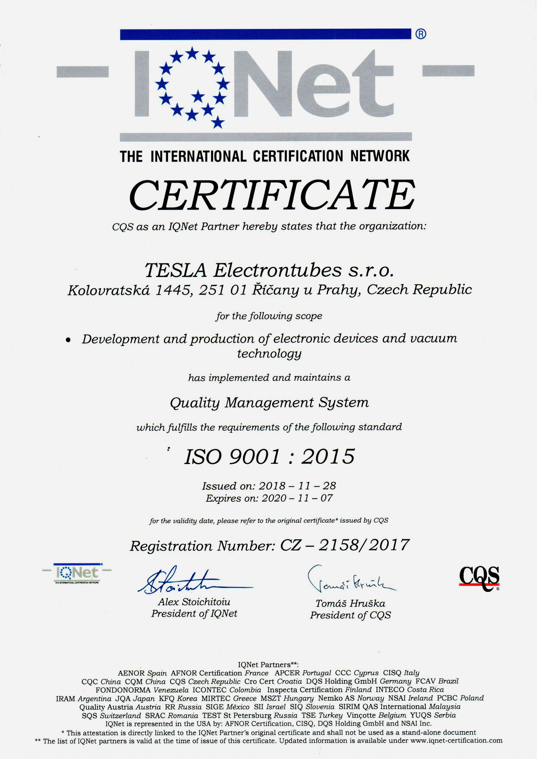 Certifikát ISO 9001 : 2015 IQNet